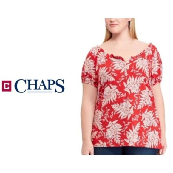 Chaps Womens Red Floral Off Shoulder Short Sleeve Button Top Plus Sz 1X New - Picture 5 of 9